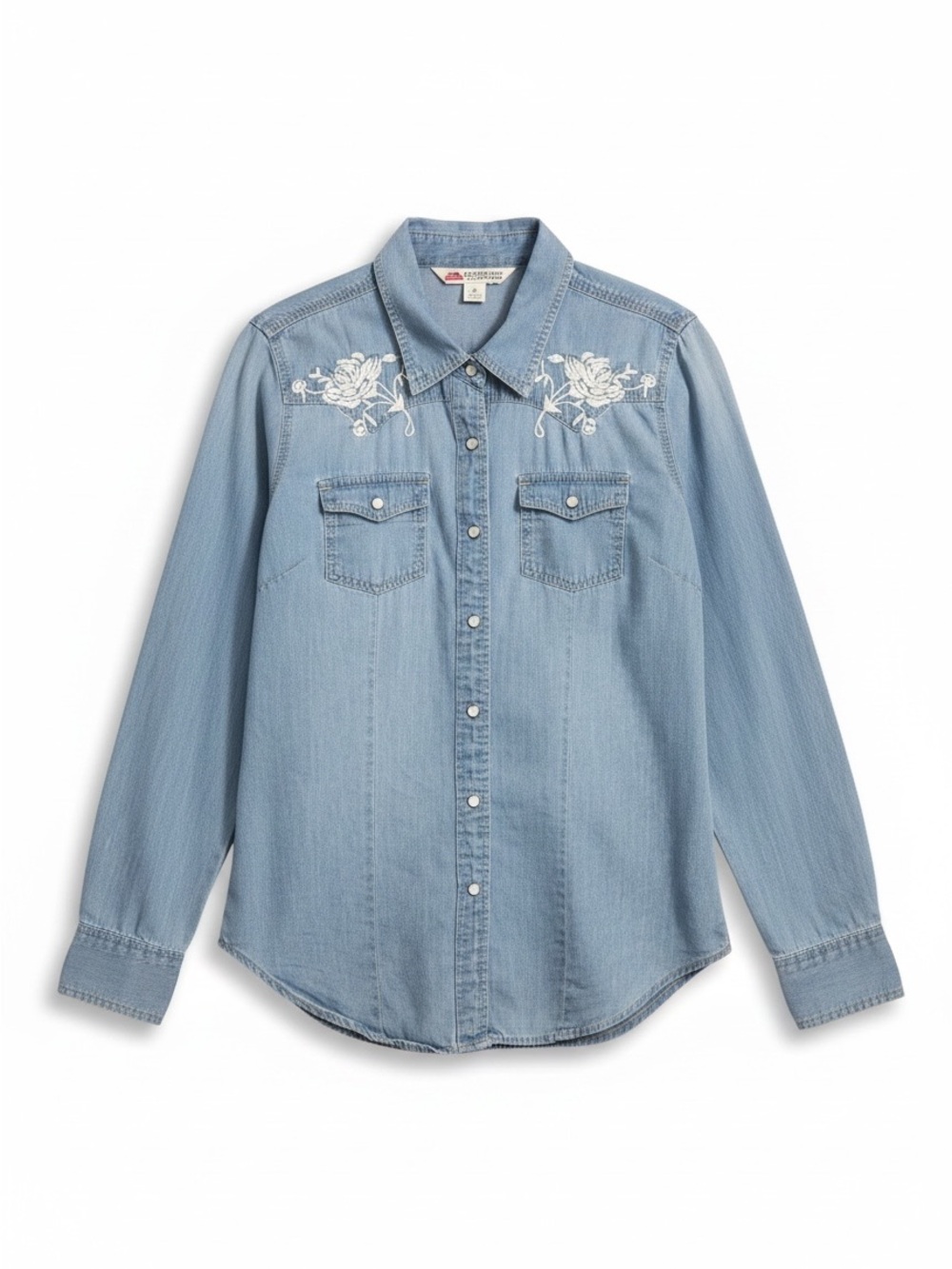 Cumberland Outfitters Light Wash Pearl Snap Embroidered Western Cut Shirt Small